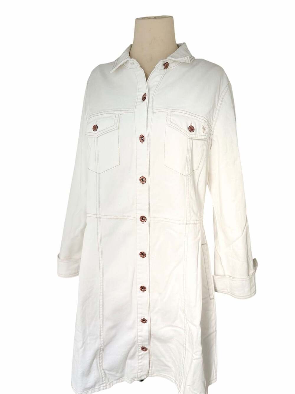 FRYE Cream Off-White Denim Shacket Utility Shirt Dress Large